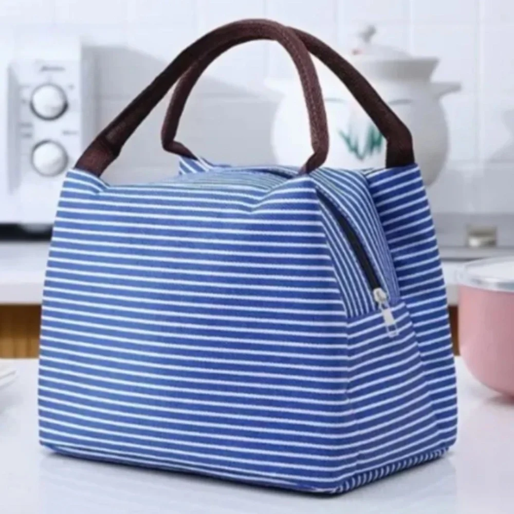 Foldable Insulated Lunch Bag Blue/White stripes New